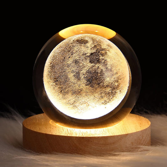 3D Space-Themed Saturn Galaxy Crystal Glass Ball Night Light, USB-Powered Glowing Planet Lamp for Dreamy Home Décor (Moon)
