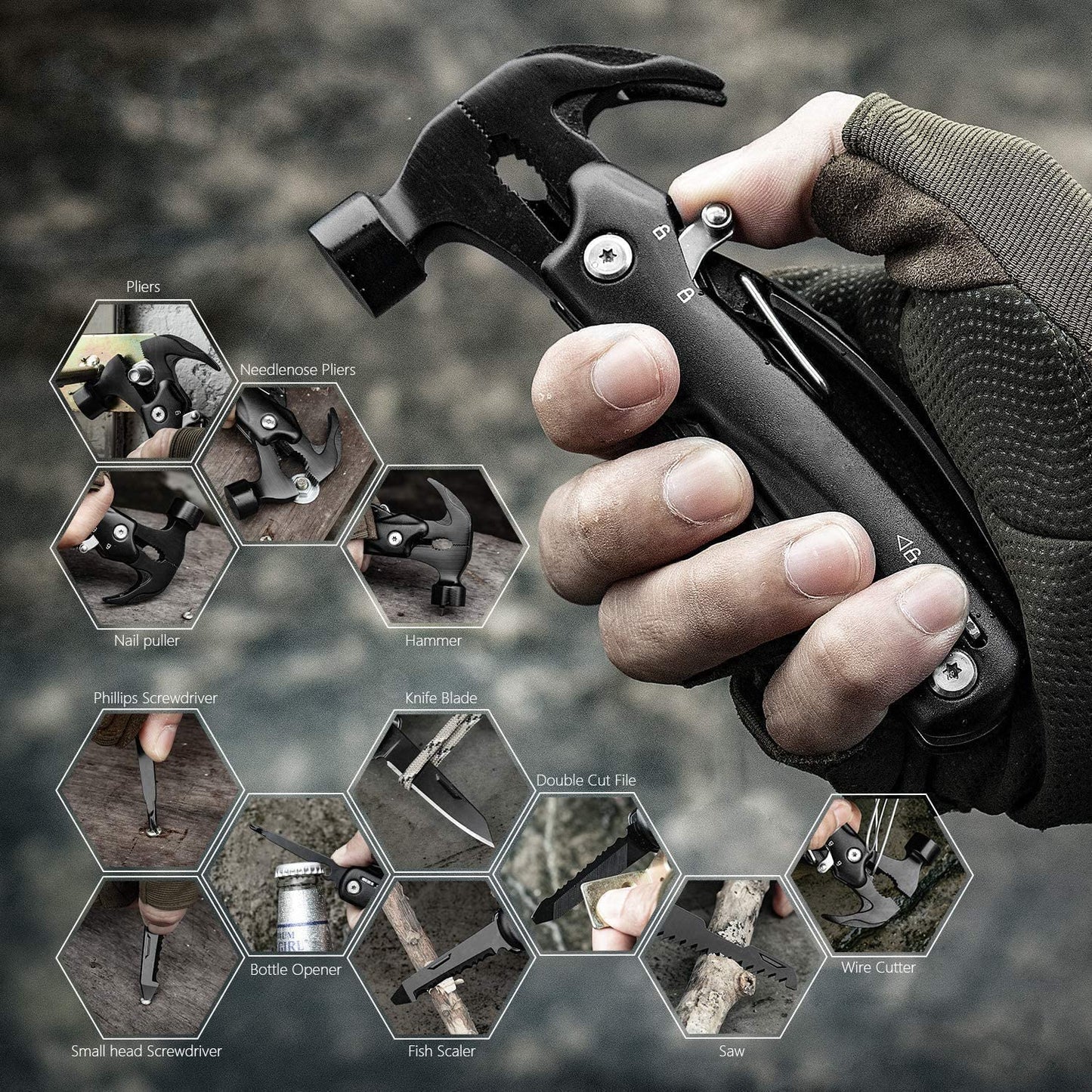 Multitool Accesorios de camping 12 en 1 Martillo multiherramienta, regalo para el día del padre, padre, abuelo, marido, novio, él, mini equipo de senderismo para el hogar al aire libre